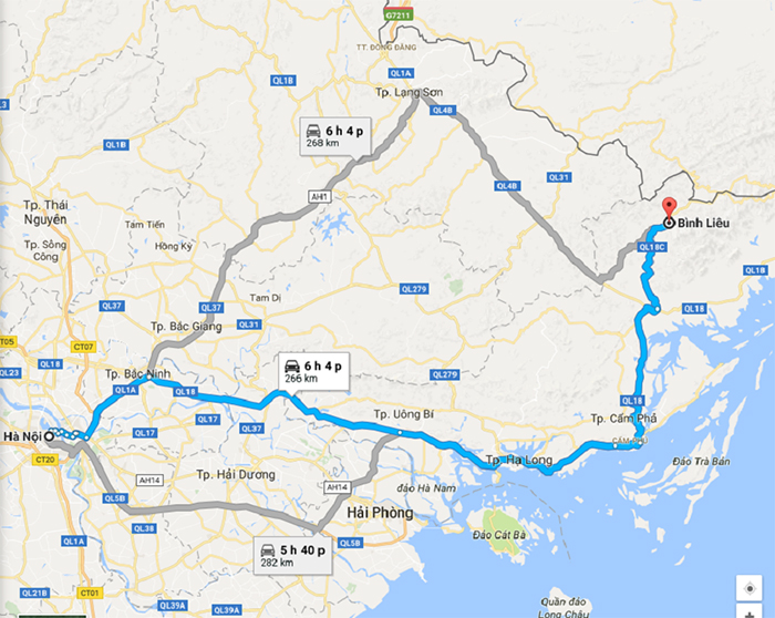 Khoảng cách từ Hà Nội đến Bình Liêu Quảng Ninh trên bản đồ